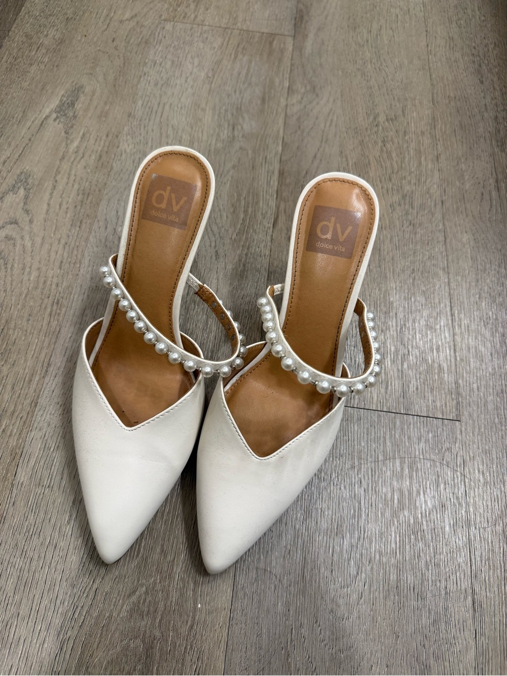 Dolce Vita White Pearl-Strap Pointed Toe Mules
